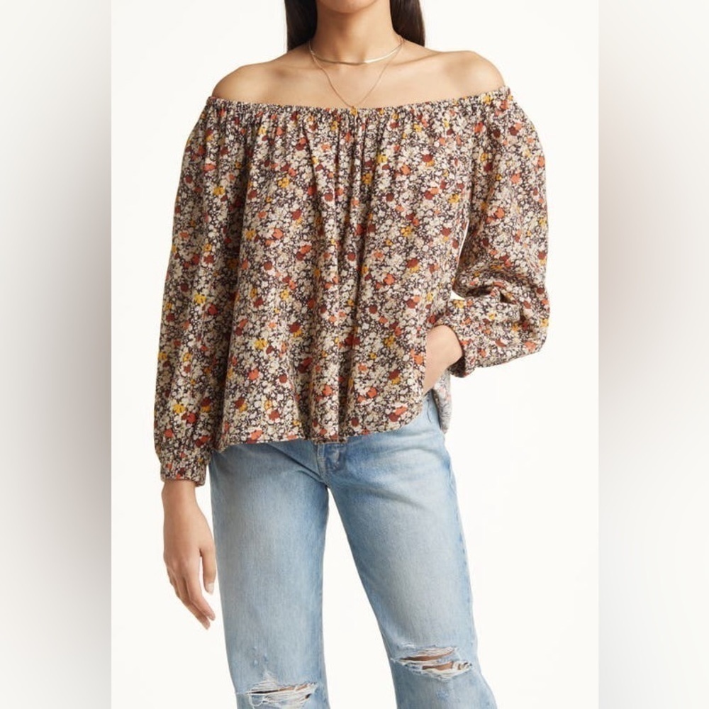 TREASURE & BOND SHIRRED OFF THE SHOULDER OVERSIZED FLORAL TOP Size XS